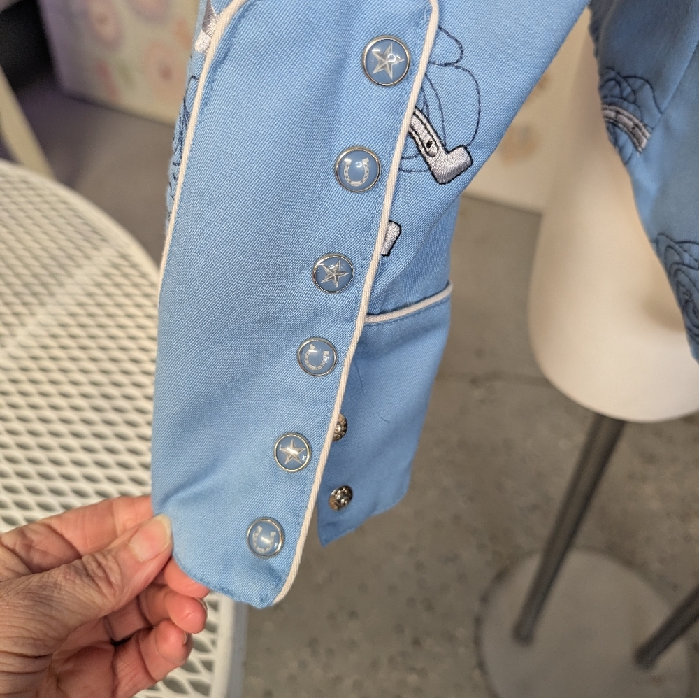 Scully Western-Style Snap Button-Up Shirt Piping Horseshoes Roses Rhinestone SzM - Picture 5 of 7